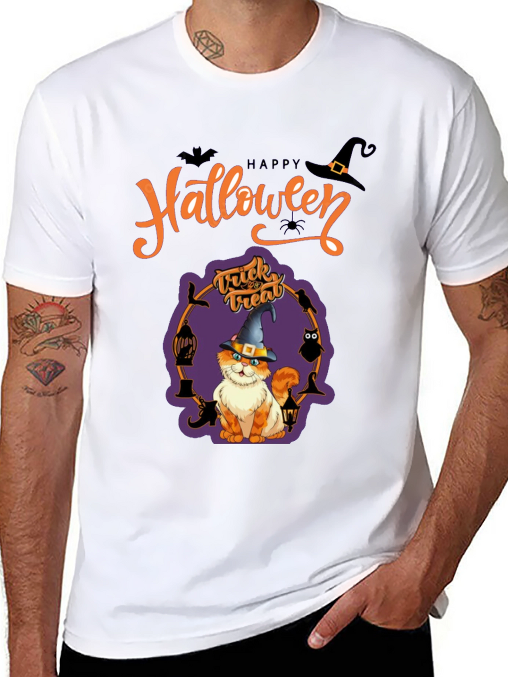 Halloween Cat Graphic Tee - Spooky Season Shirt
