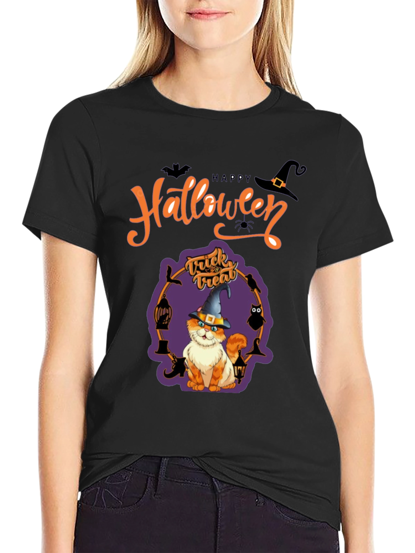 Halloween Cat Graphic Tee - Spooky Season Shirt