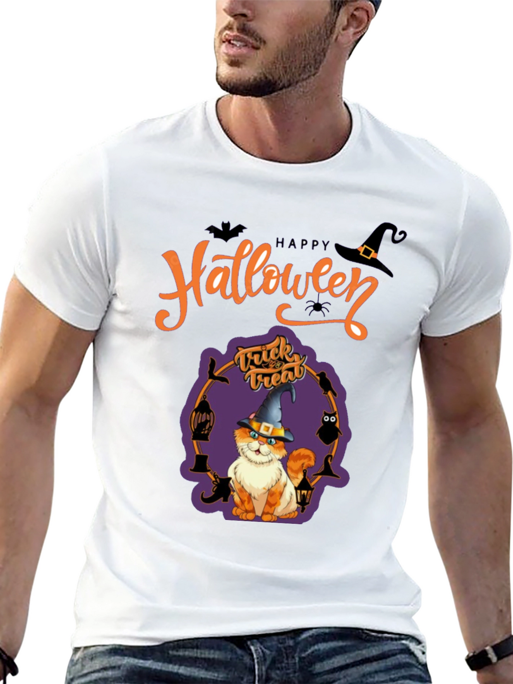 Halloween Cat Graphic Tee - Spooky Season Shirt
