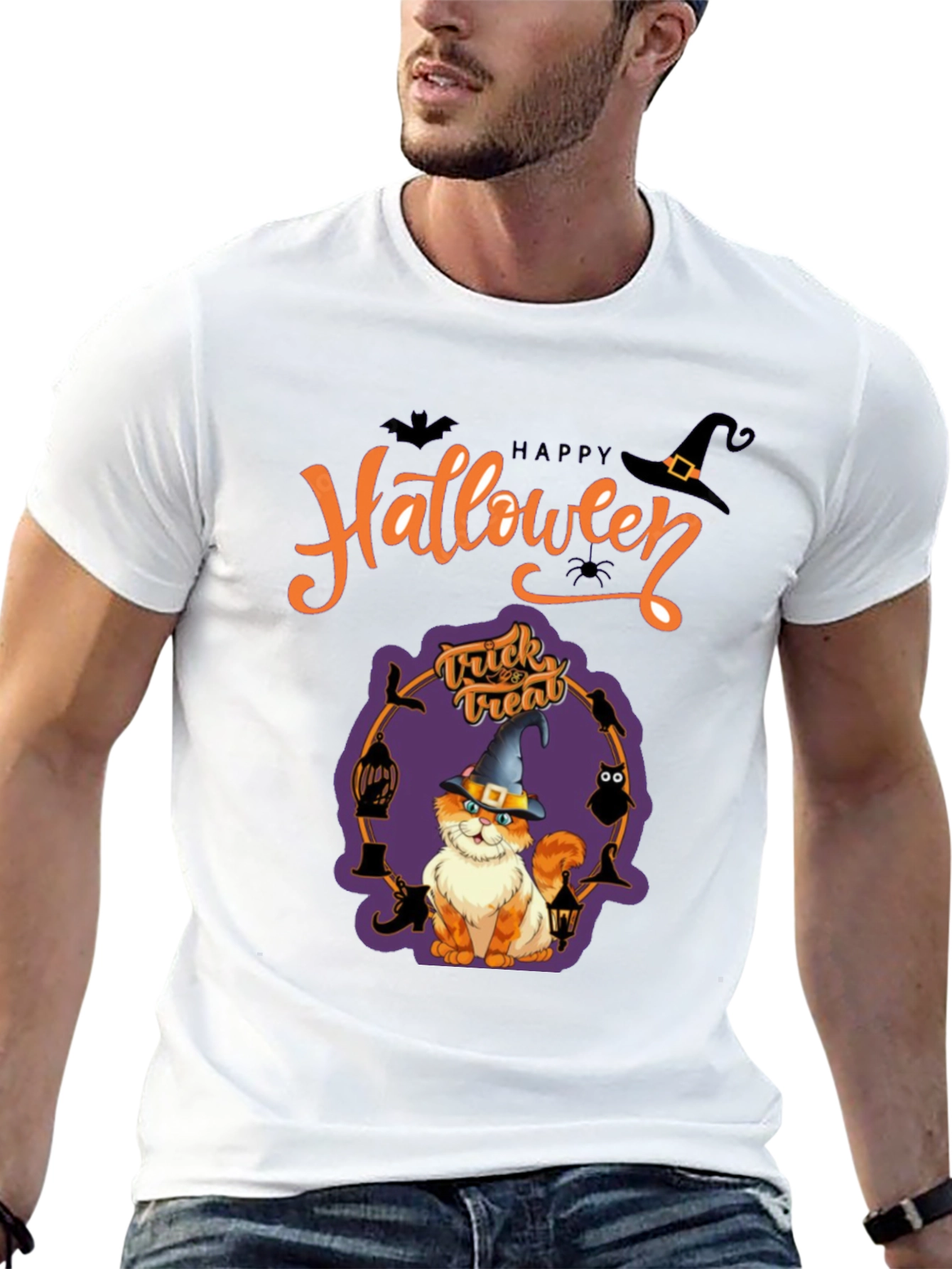 Halloween Cat Graphic Tee - Spooky Season Shirt