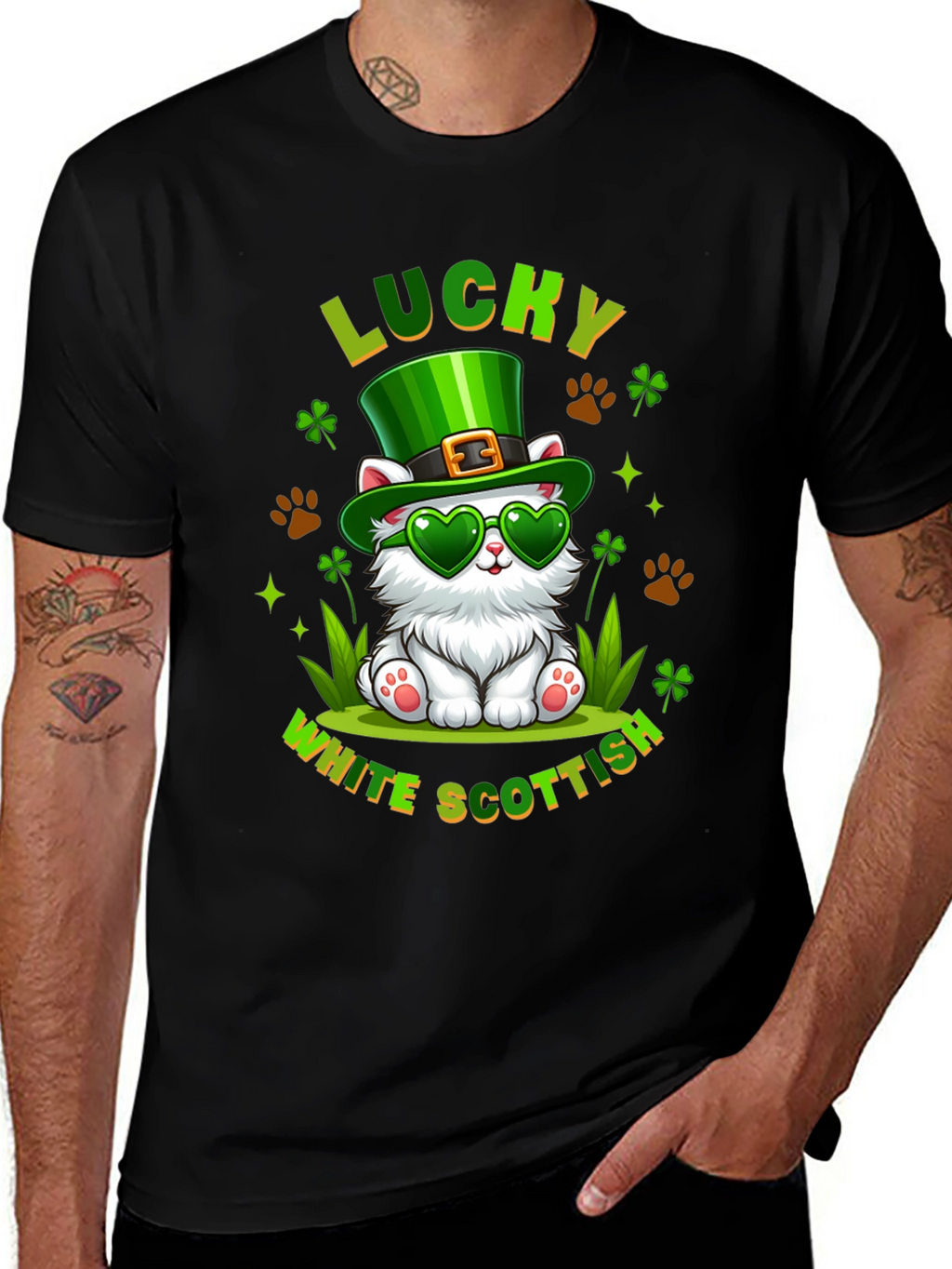 Lucky White Scottish Cat St. Patricks Day T-Shirt