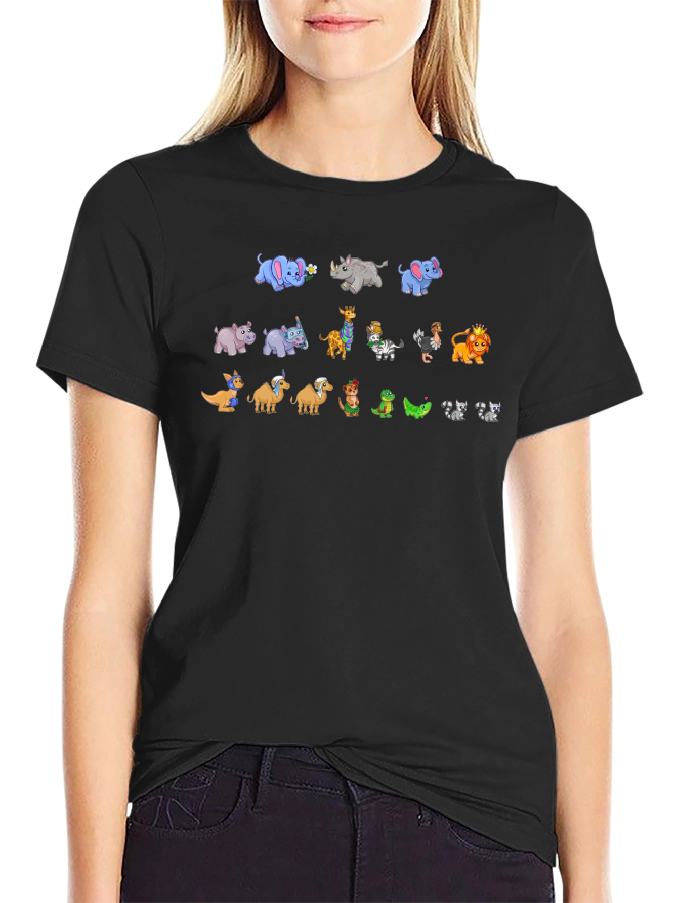 Cartoon Animals Black T-Shirt
