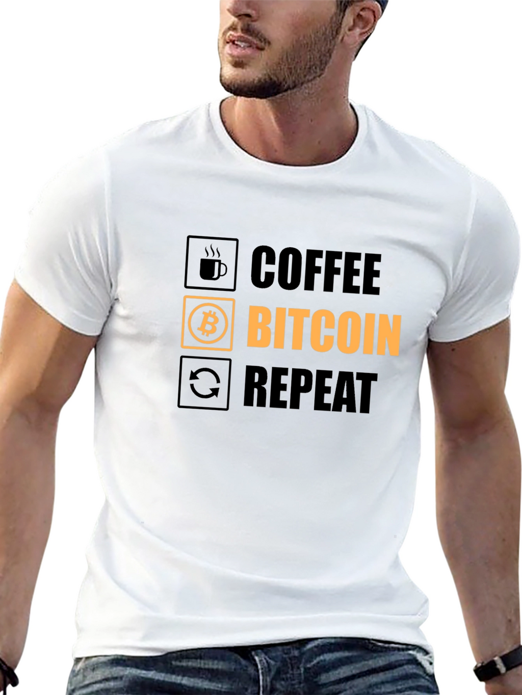 Coffee Bitcoin Repeat Graphic Tee - Crypto T-Shirt