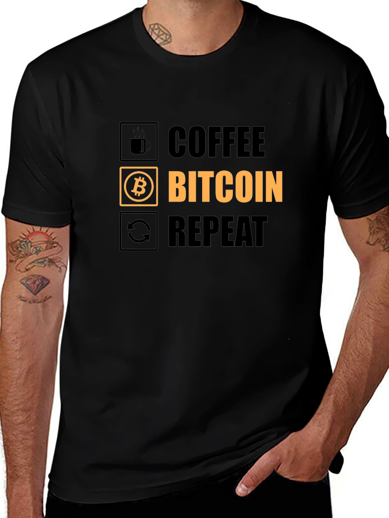 Coffee Bitcoin Repeat Graphic Tee - Crypto T-Shirt