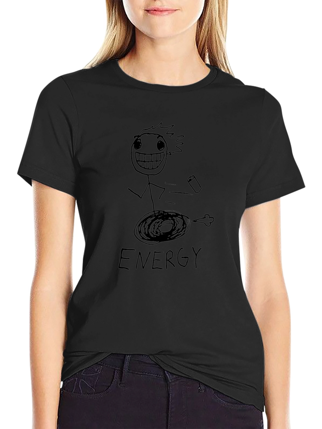 Humorous Energy Stick Figure Graphic Tee - Black