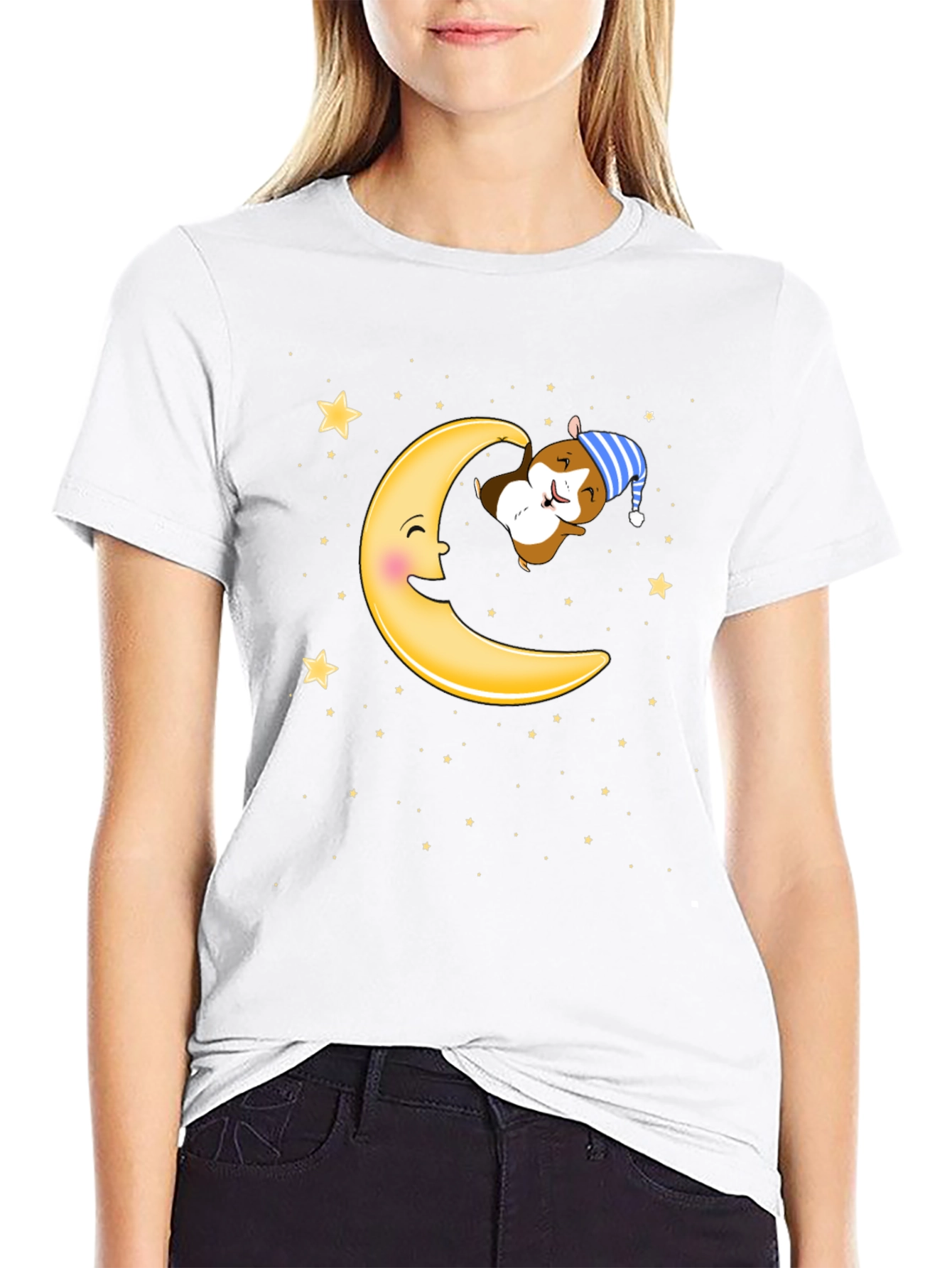Sleepy Hamster Moon T-Shirt - Cute Cartoon Graphic Tee
