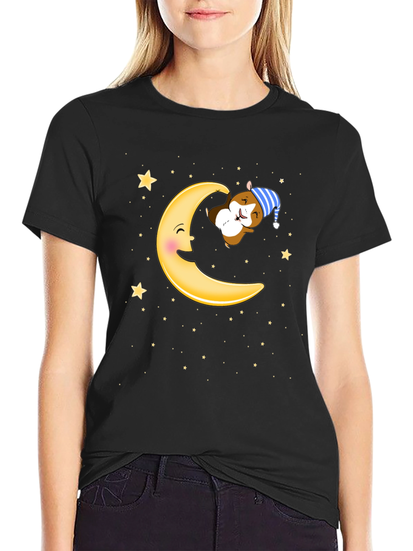 Sleepy Hamster Moon T-Shirt - Cute Cartoon Graphic Tee