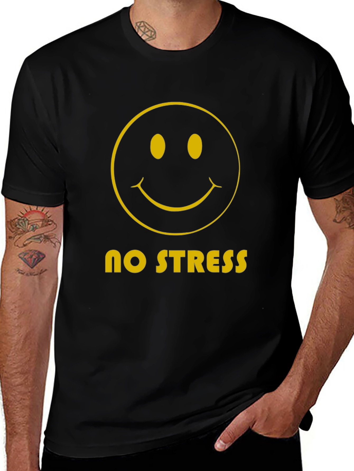 No Stress Smiley Face Graphic Tee - Black