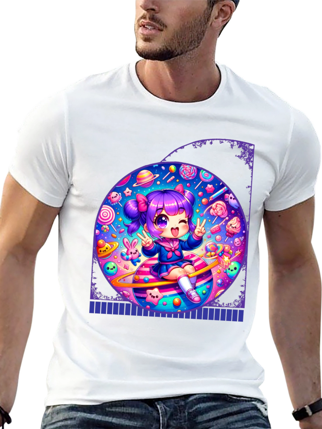 Kawaii Anime Girl on Planet T-Shirt