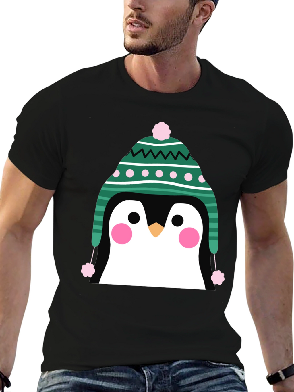 Penguin Winter Hat Graphic Tee - Cute Holiday T-Shirt