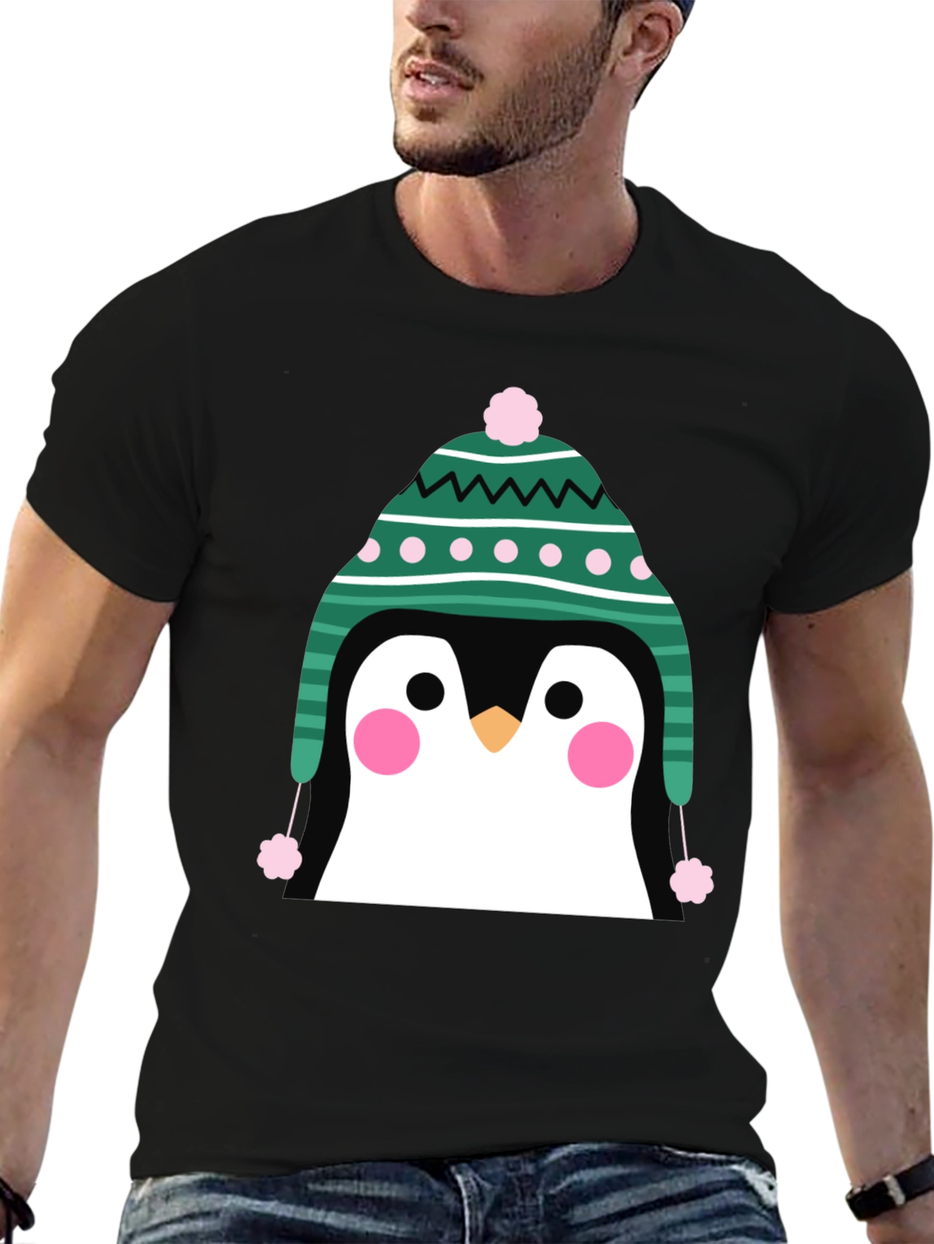 Penguin Winter Hat Graphic Tee - Cute Holiday T-Shirt
