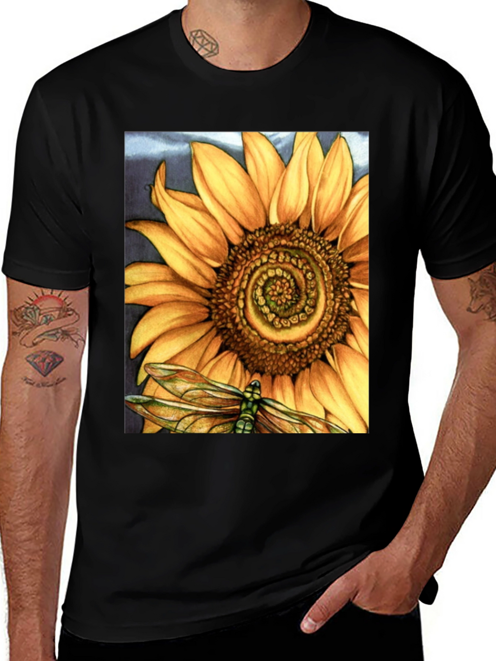 Sunflower Dragonfly Graphic Print T-Shirt