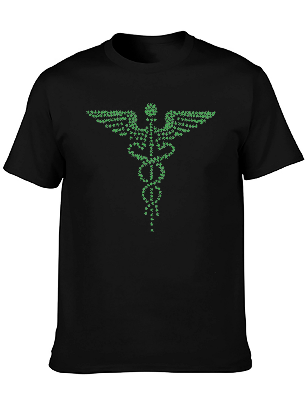 Green Caduceus T-Shirt - Cannabis Leaf Design