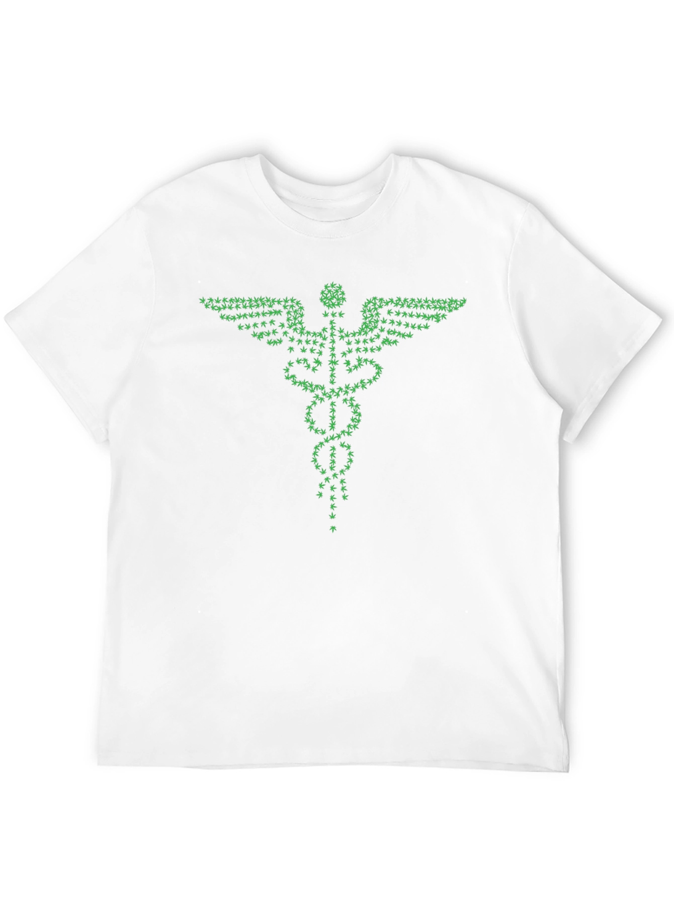 Green Caduceus T-Shirt - Cannabis Leaf Design