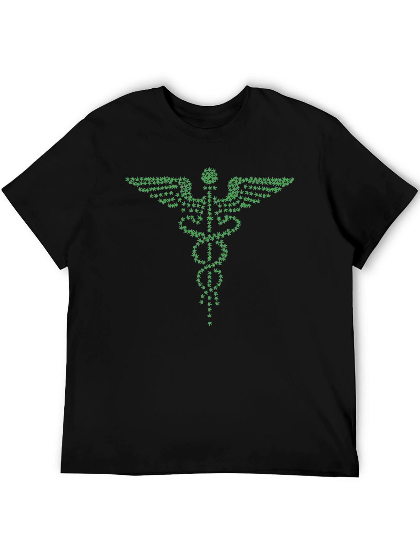 Green Caduceus T-Shirt - Cannabis Leaf Design