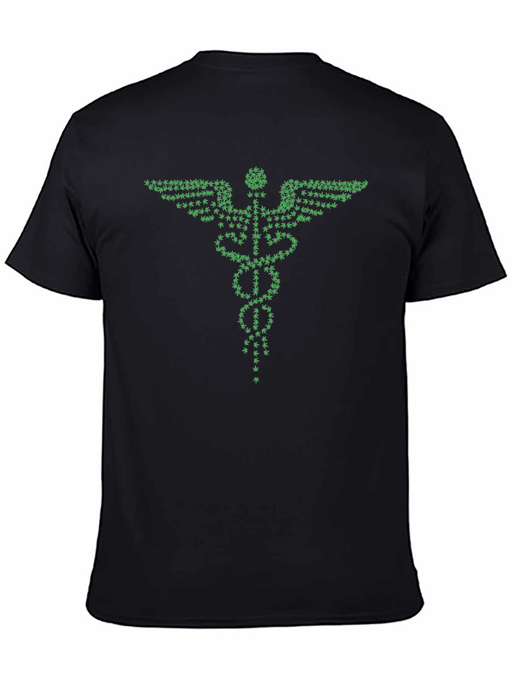 Green Caduceus T-Shirt - Cannabis Leaf Design
