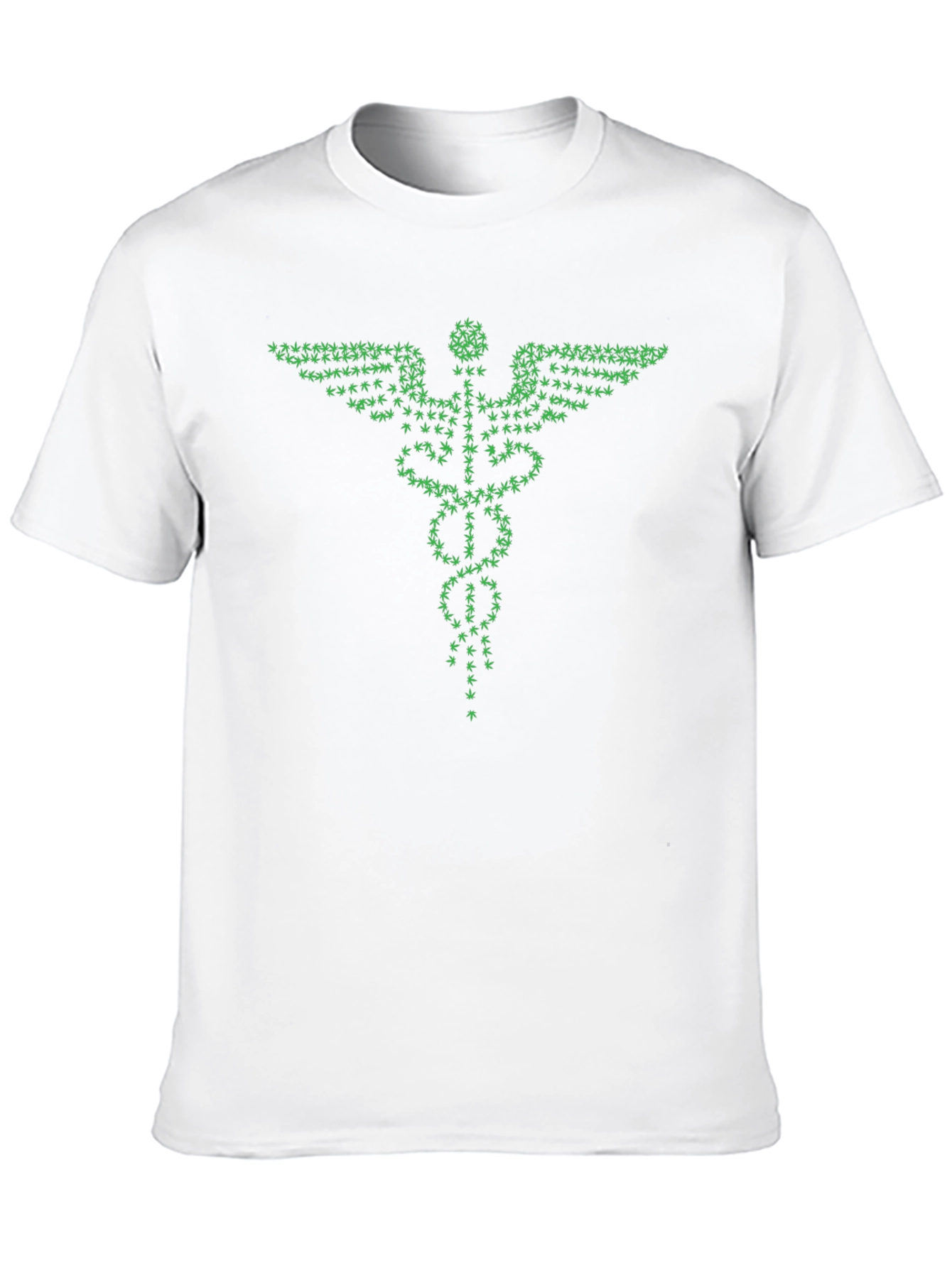 Green Caduceus T-Shirt - Cannabis Leaf Design