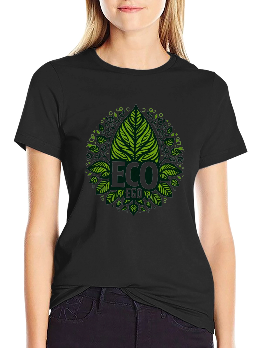 Eco-Friendly Black T-Shirt with Green Leaf Design