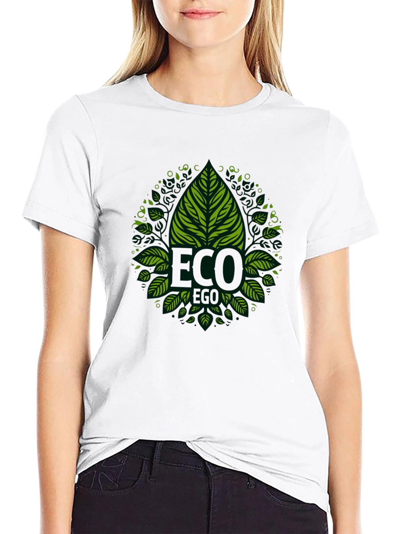 Eco-Friendly Black T-Shirt with Green Leaf Design