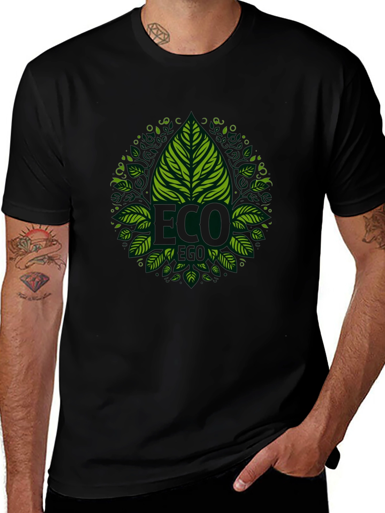 Eco-Friendly Black T-Shirt with Green Leaf Design
