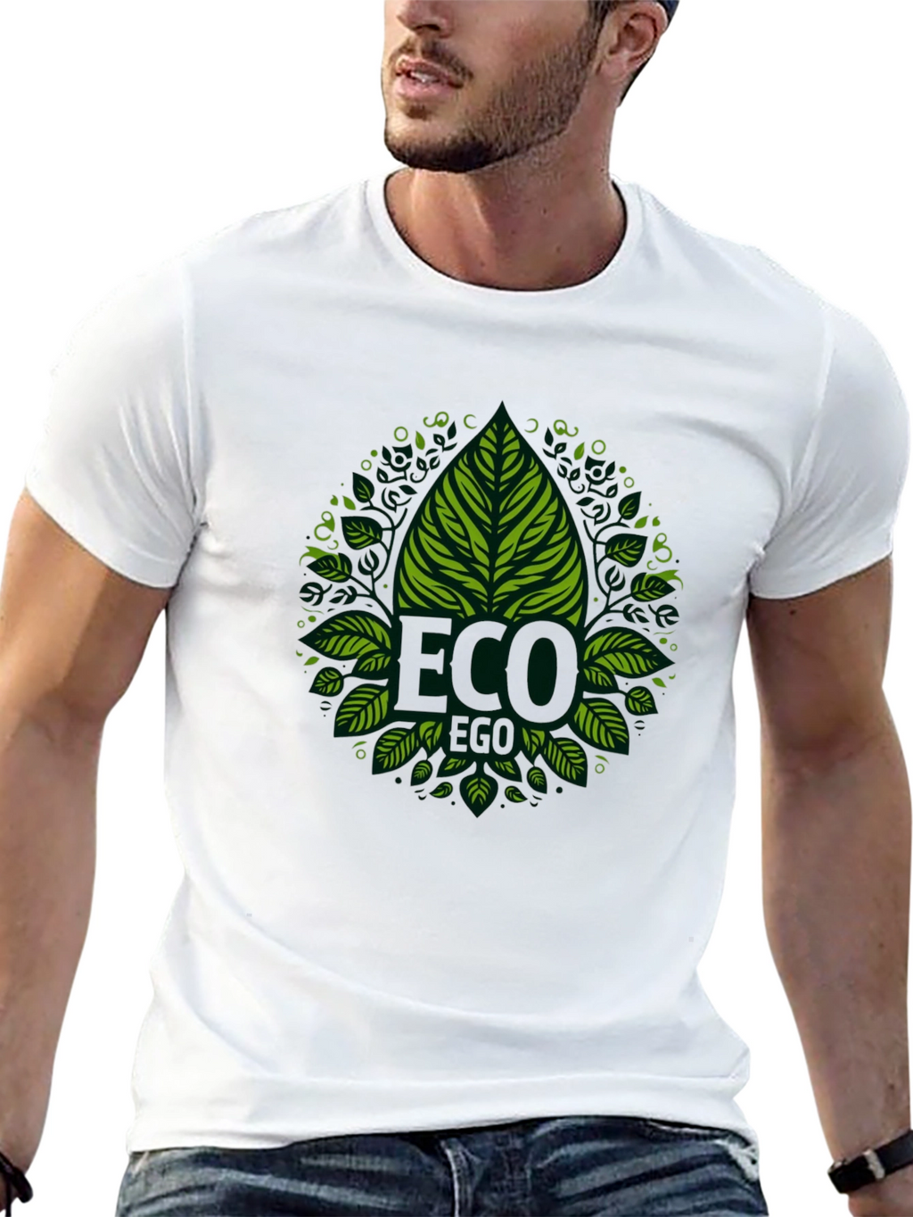 Eco-Friendly Black T-Shirt with Green Leaf Design