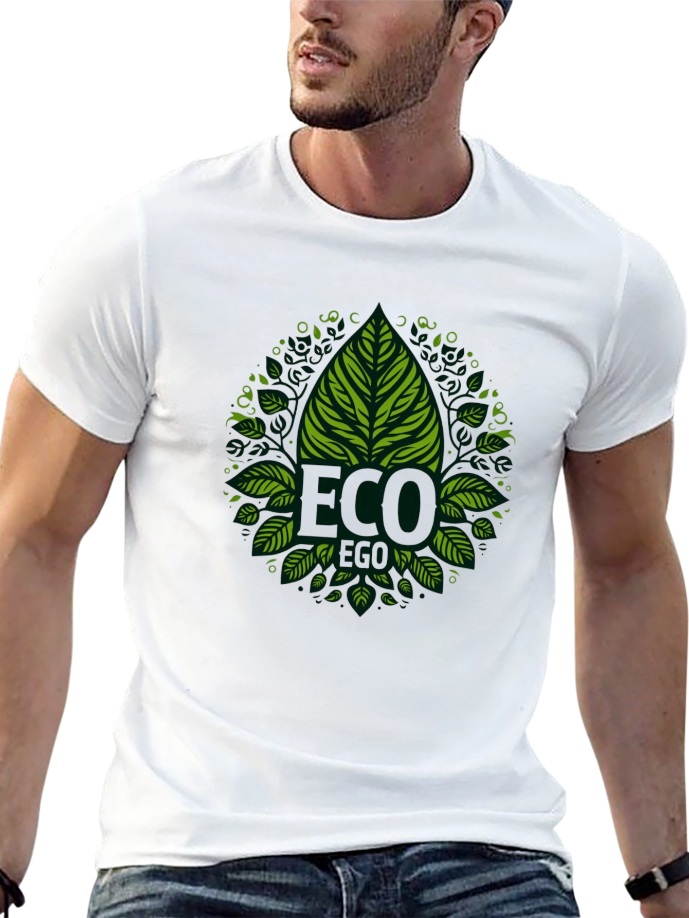 Eco-Friendly Black T-Shirt with Green Leaf Design