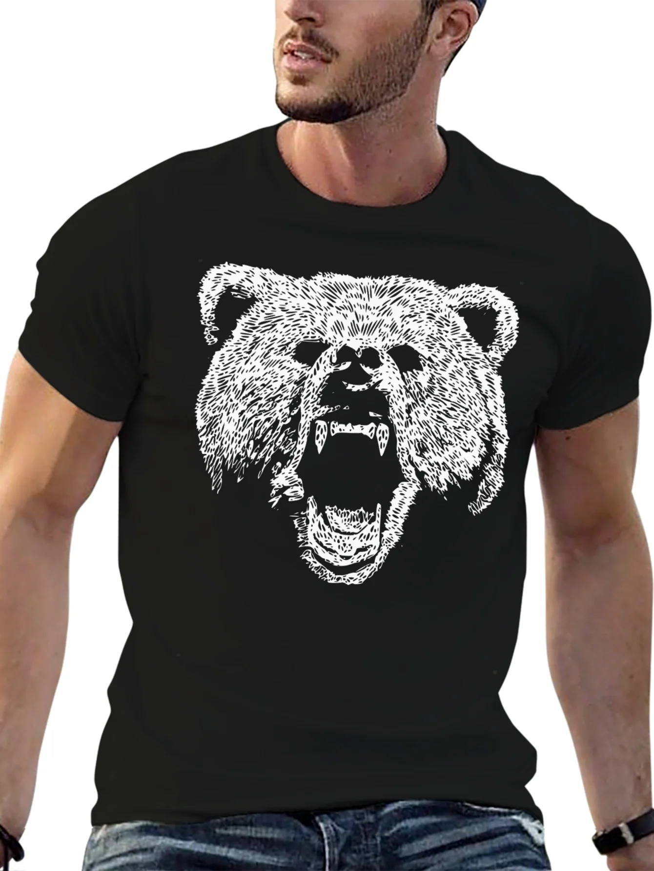 Bear Graphic Print T-Shirt - Black