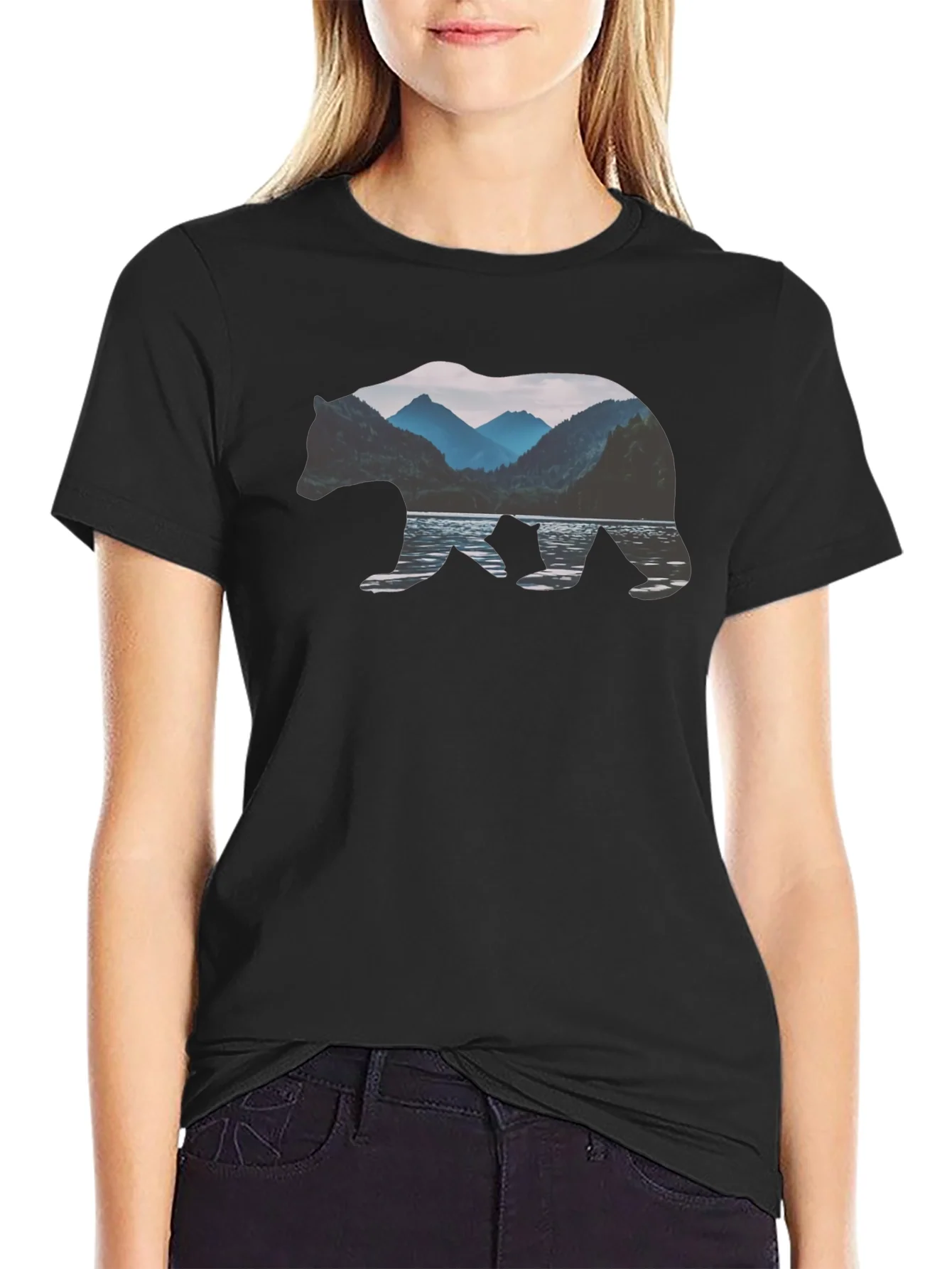 Bear Silhouette Mountain Lake Graphic Tee