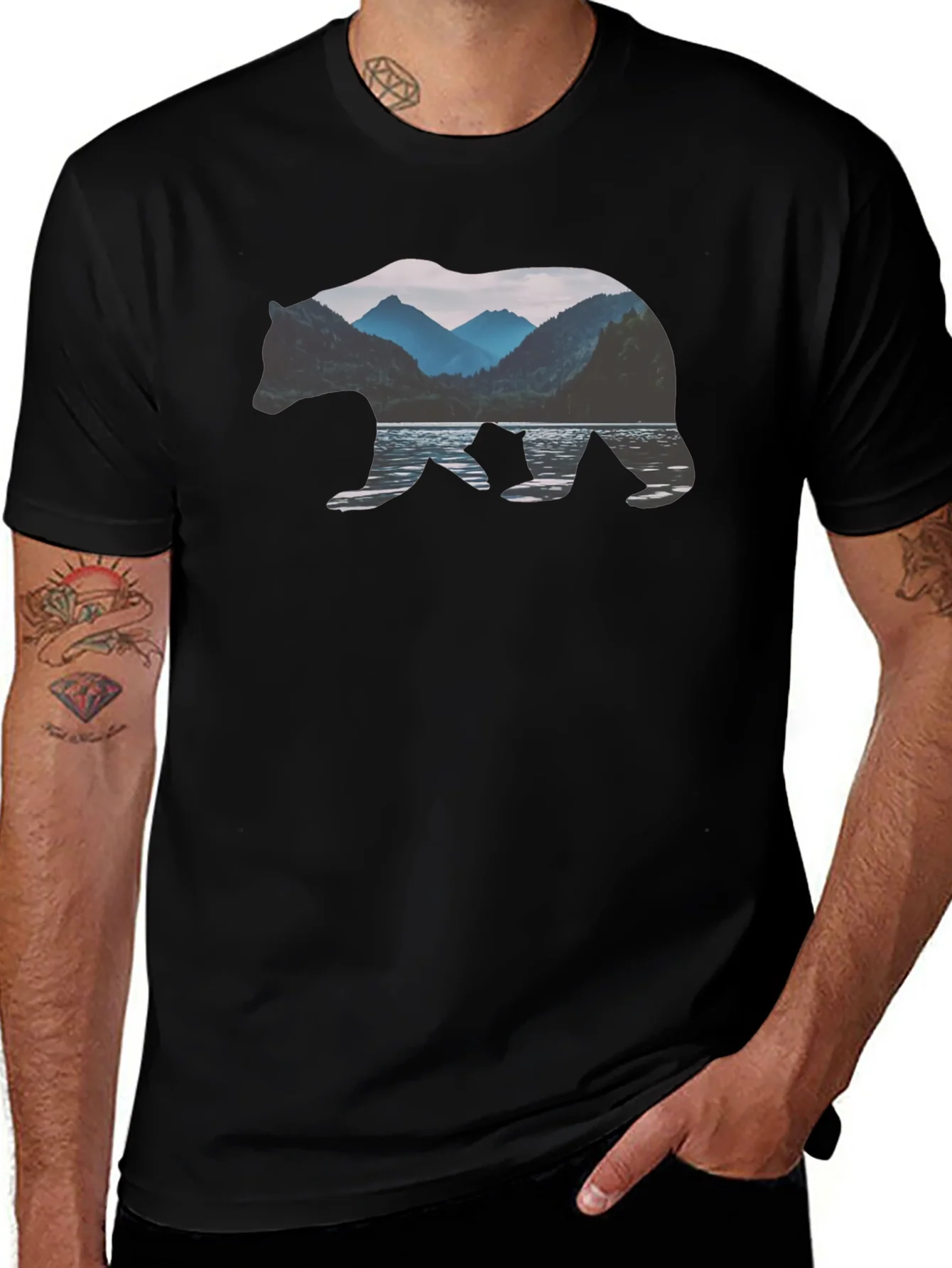 Bear Silhouette Mountain Lake Graphic Tee