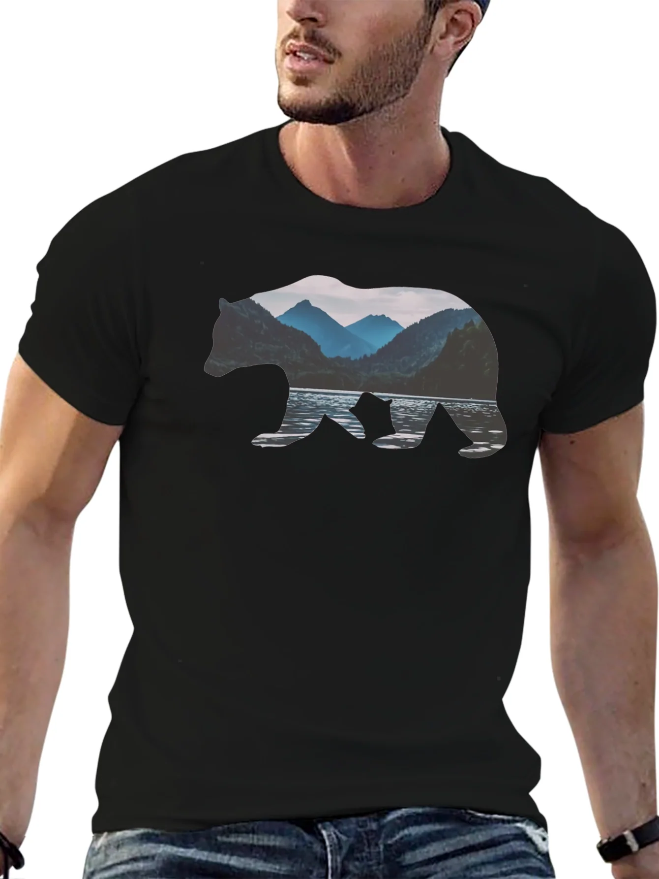 Bear Silhouette Mountain Lake Graphic Tee