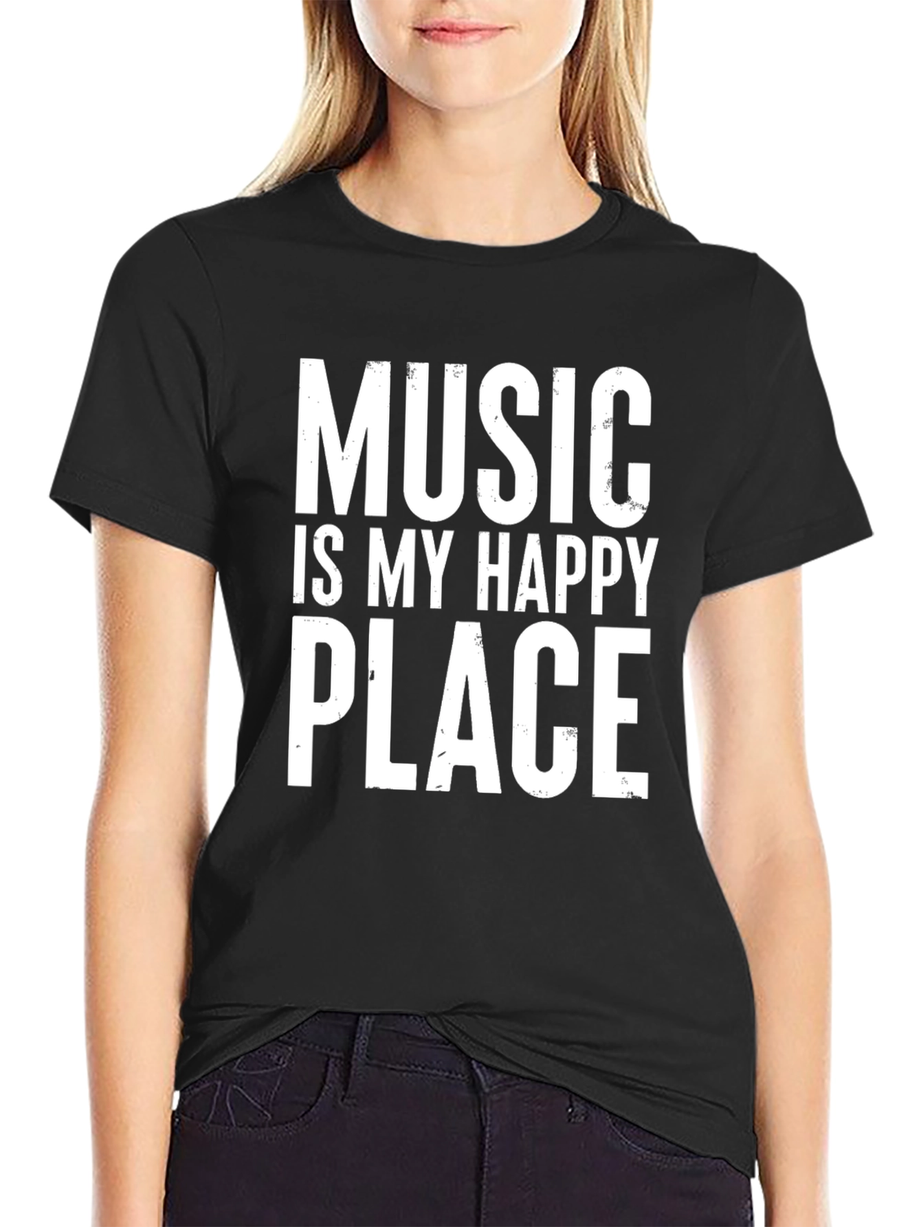 Music Is My Happy Place Black Graphic T-Shirt
