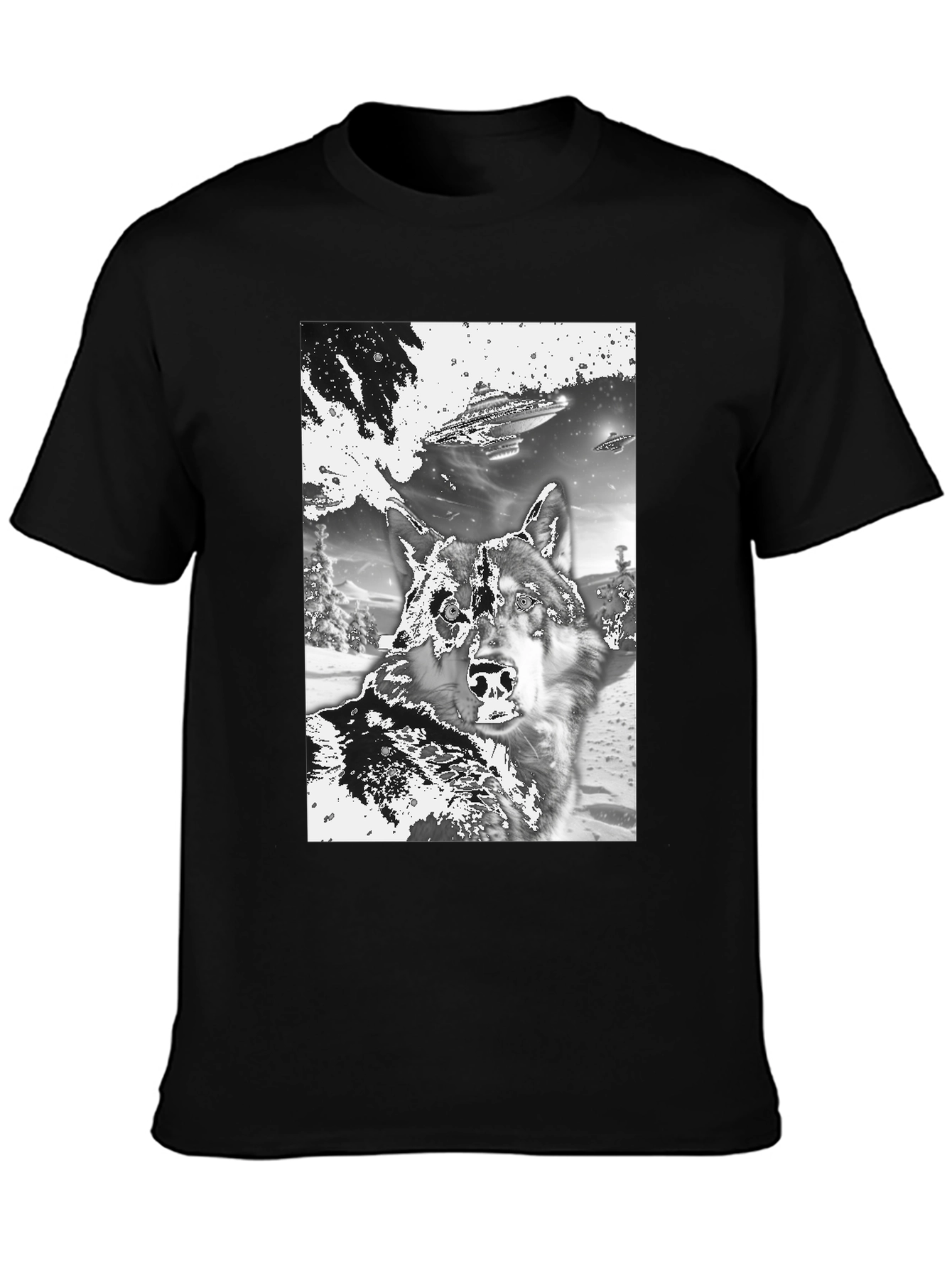 Wolf & UFO Graphic T-Shirt - Black Crew Neck Tee