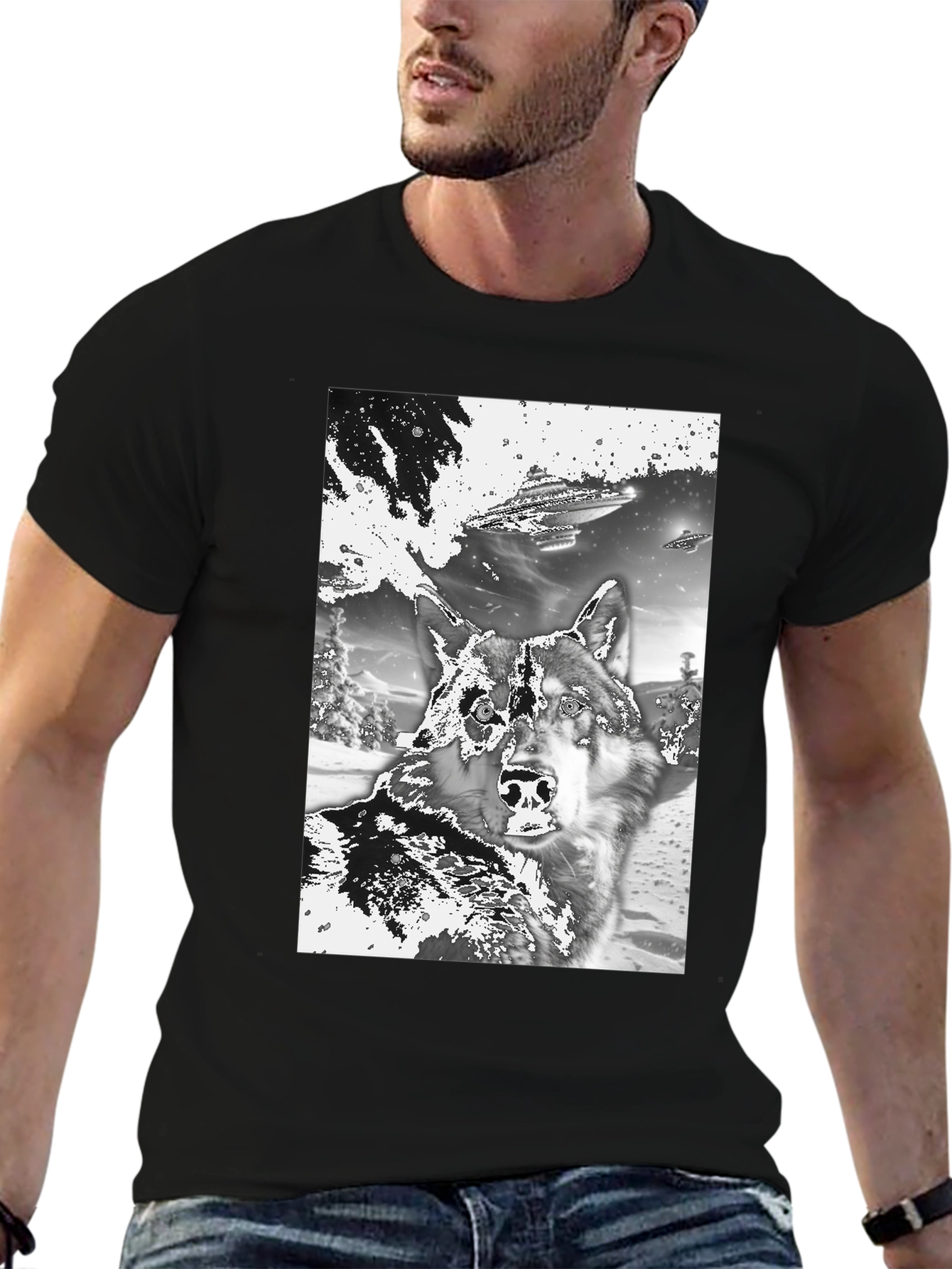 Wolf & UFO Graphic T-Shirt - Black Crew Neck Tee