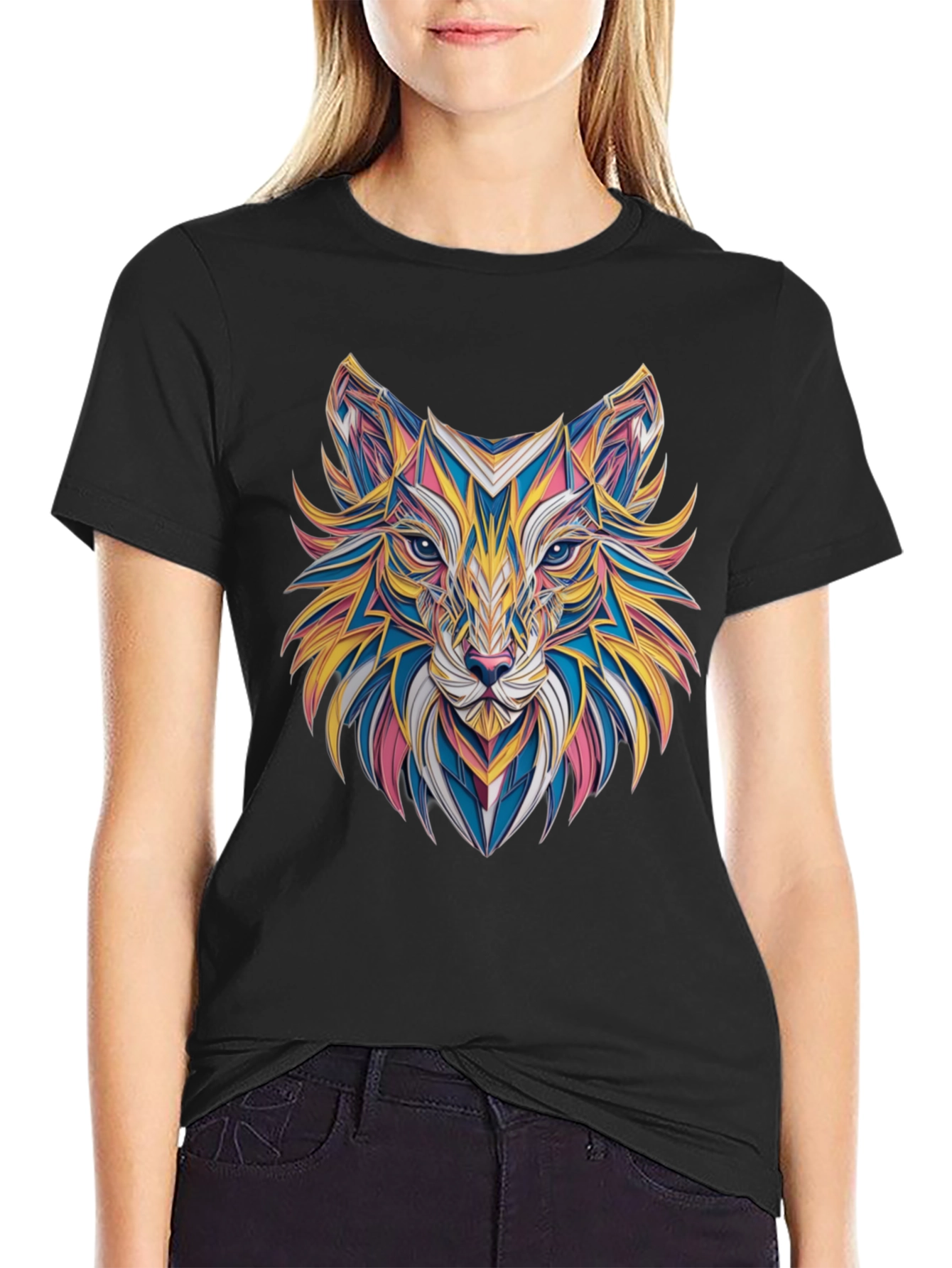 Geometric Fox Graphic Black T-Shirt