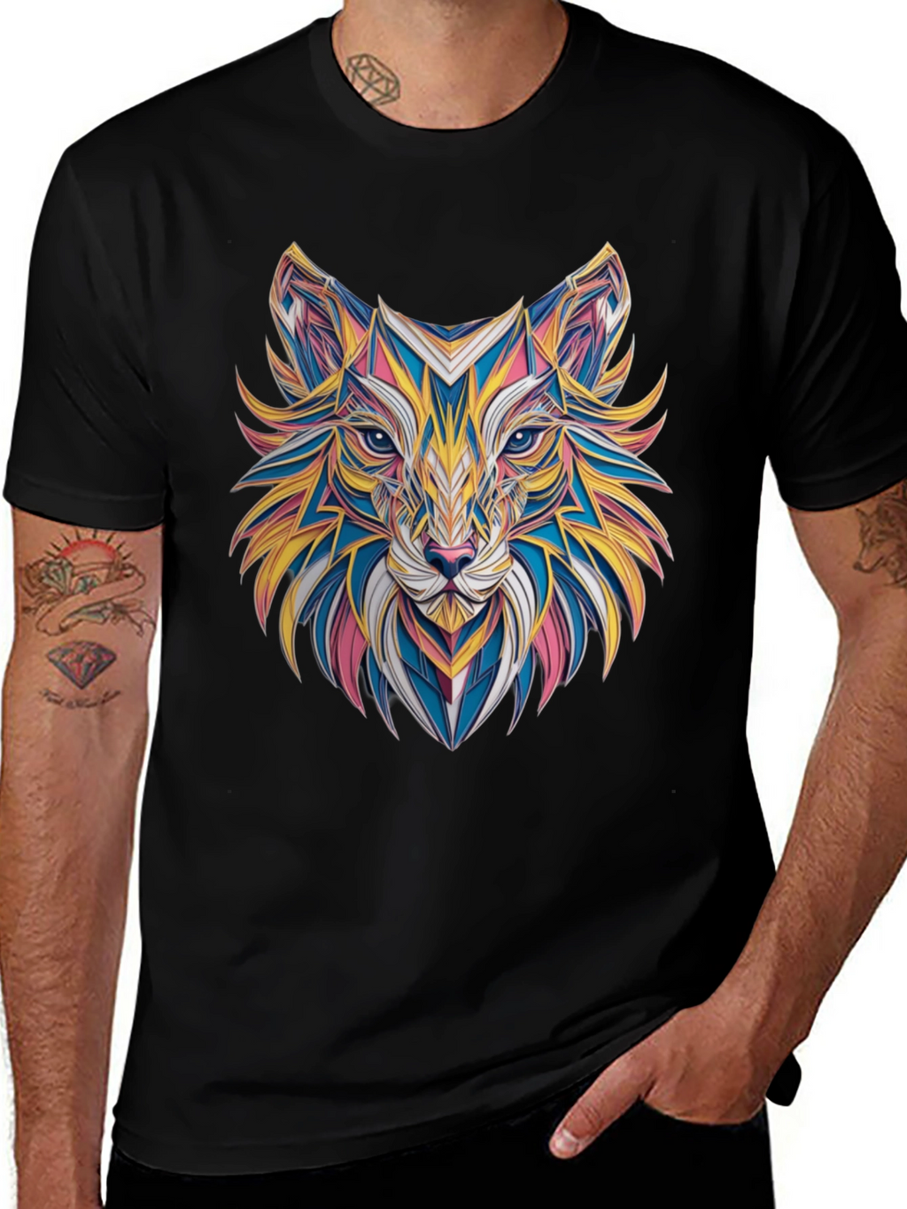 Geometric Fox Graphic Black T-Shirt