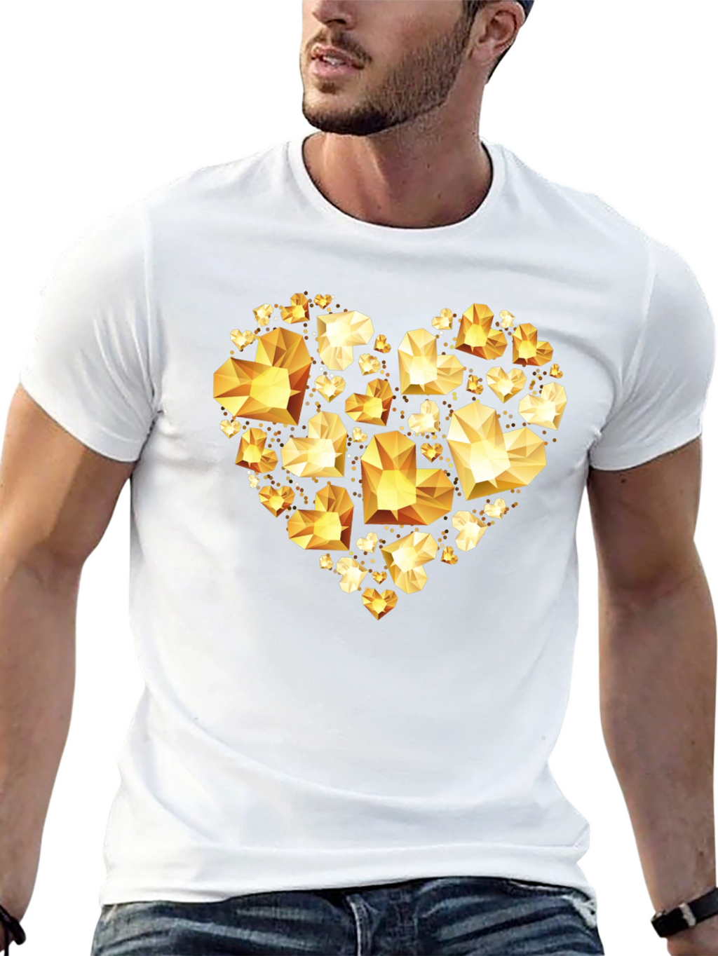 Geometric Gold Heart Graphic Tee - Black Cotton