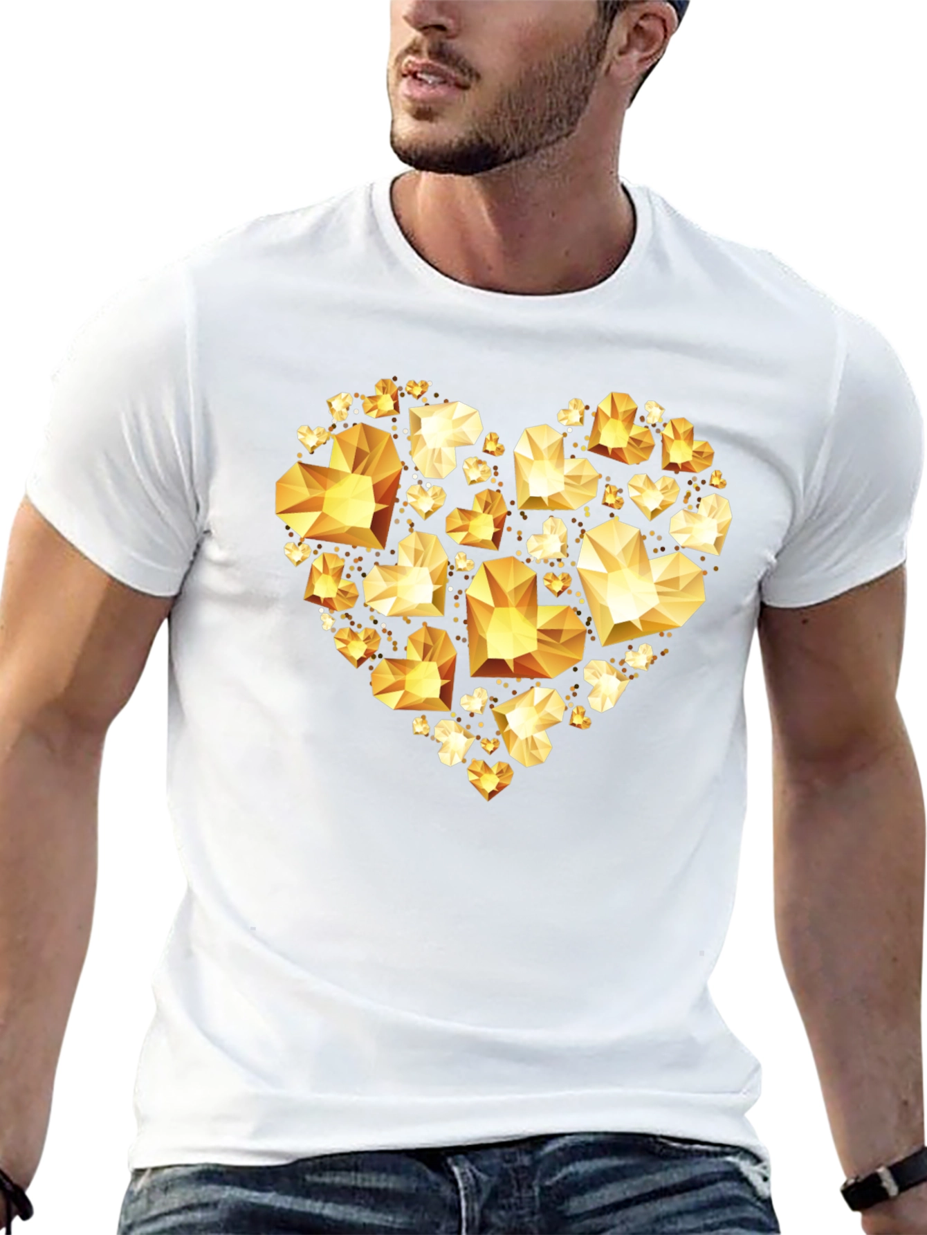 Geometric Gold Heart Graphic Tee - Black Cotton
