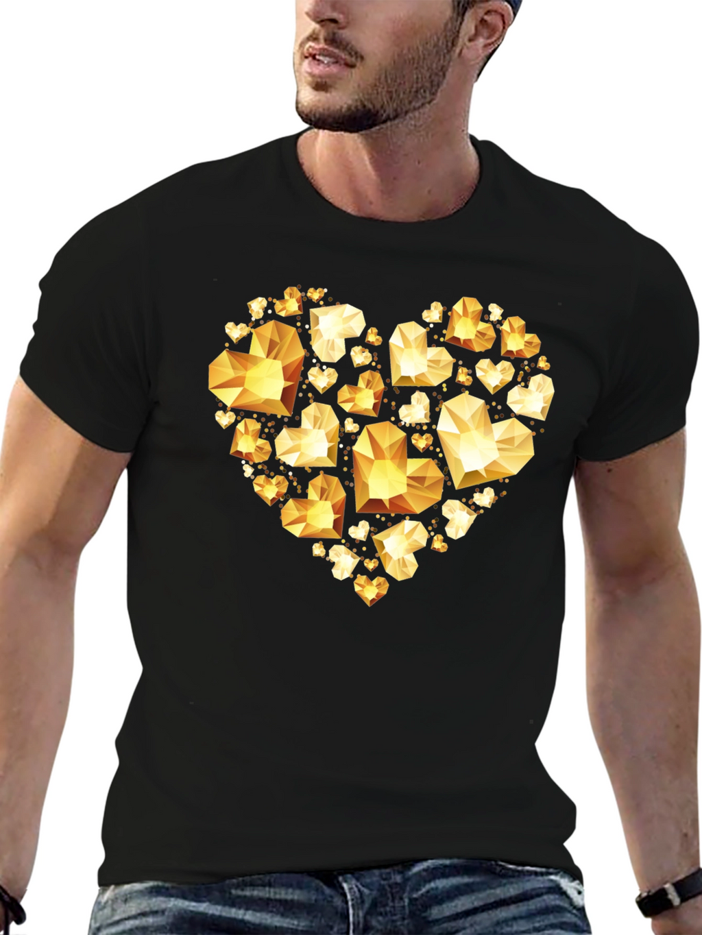 Geometric Gold Heart Graphic Tee - Black Cotton