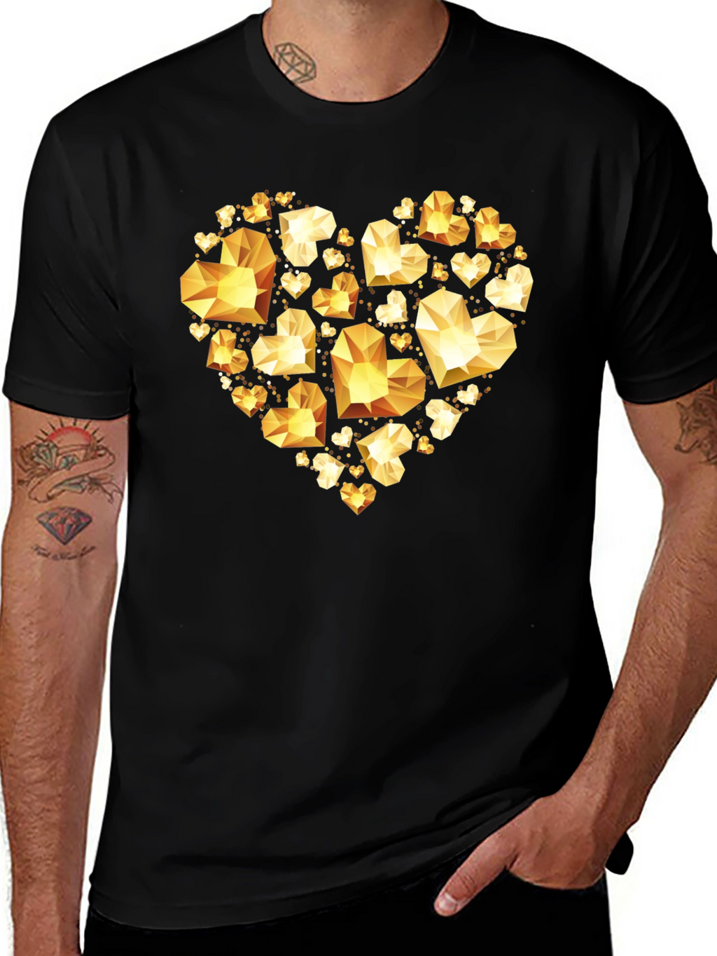 Geometric Gold Heart Graphic Tee - Black Cotton