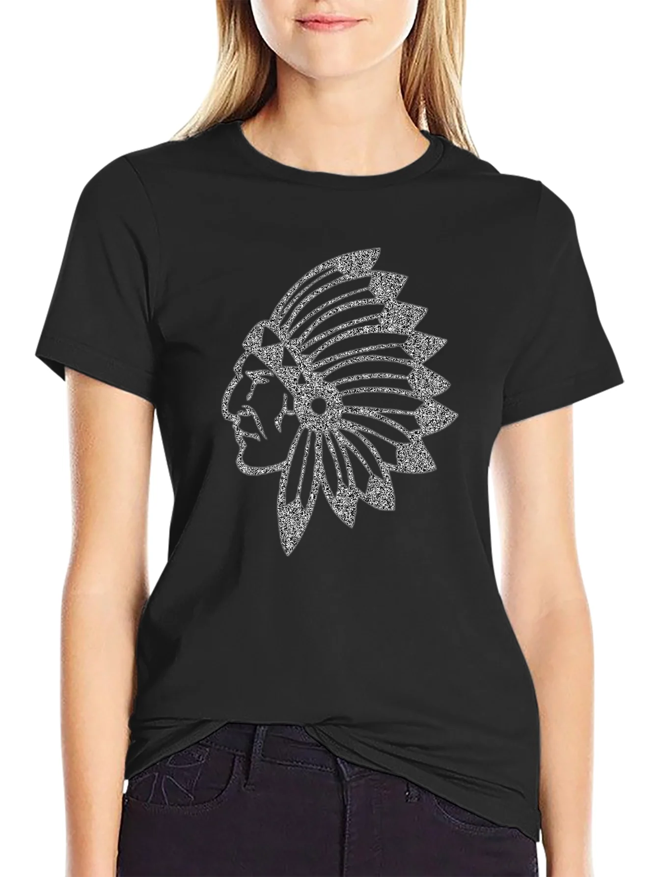 Black T-Shirt with Native American Headdress Graphic