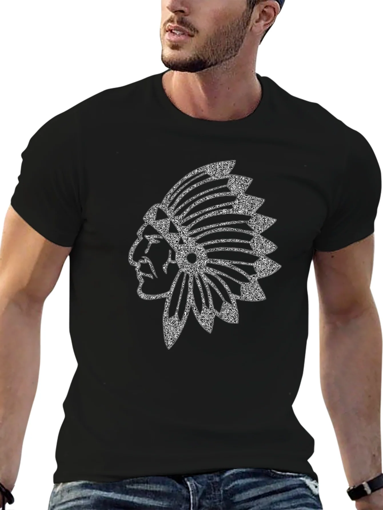 Black T-Shirt with Native American Headdress Graphic