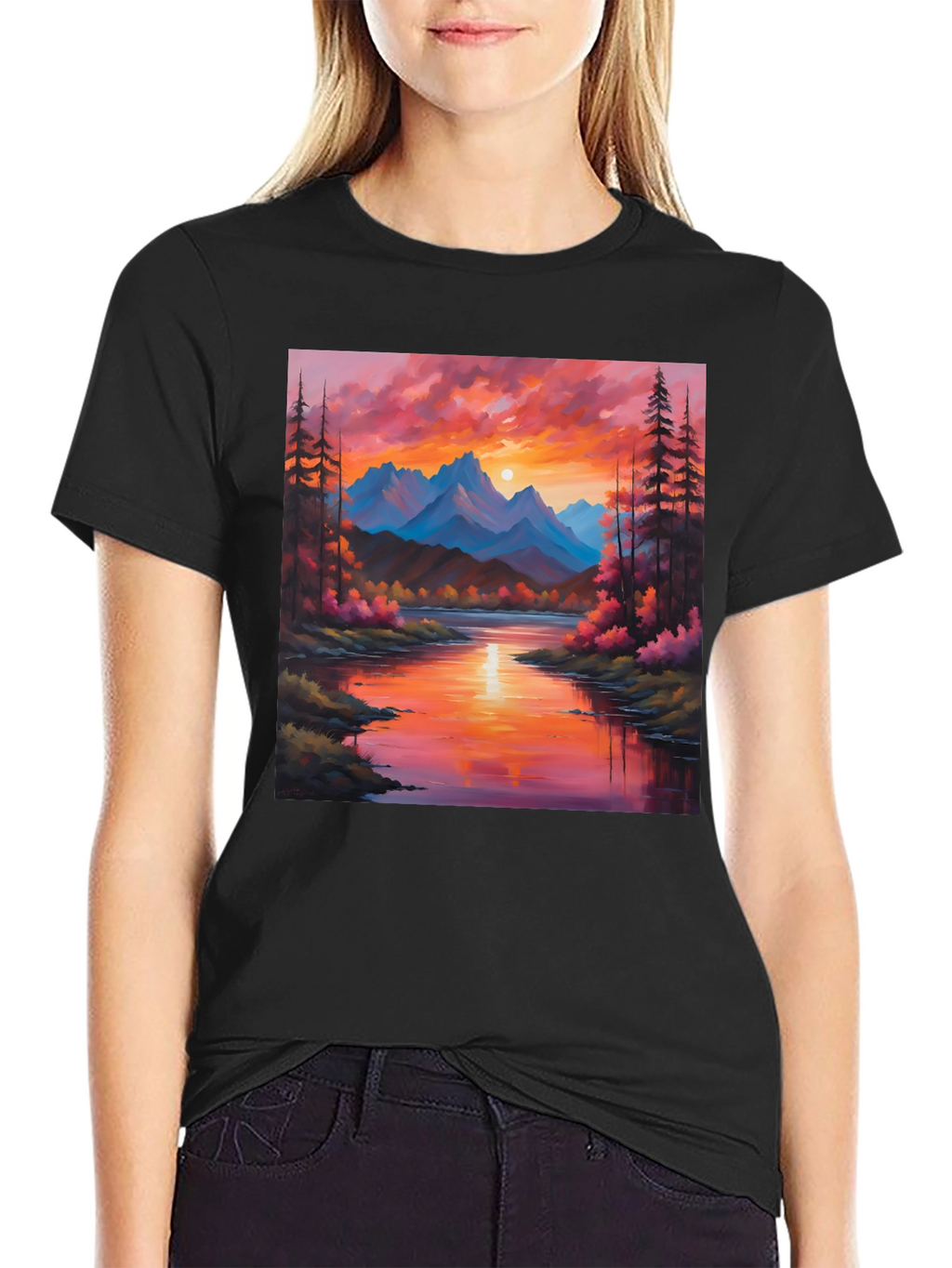 Sunset Mountain River Painting Graphic Tee