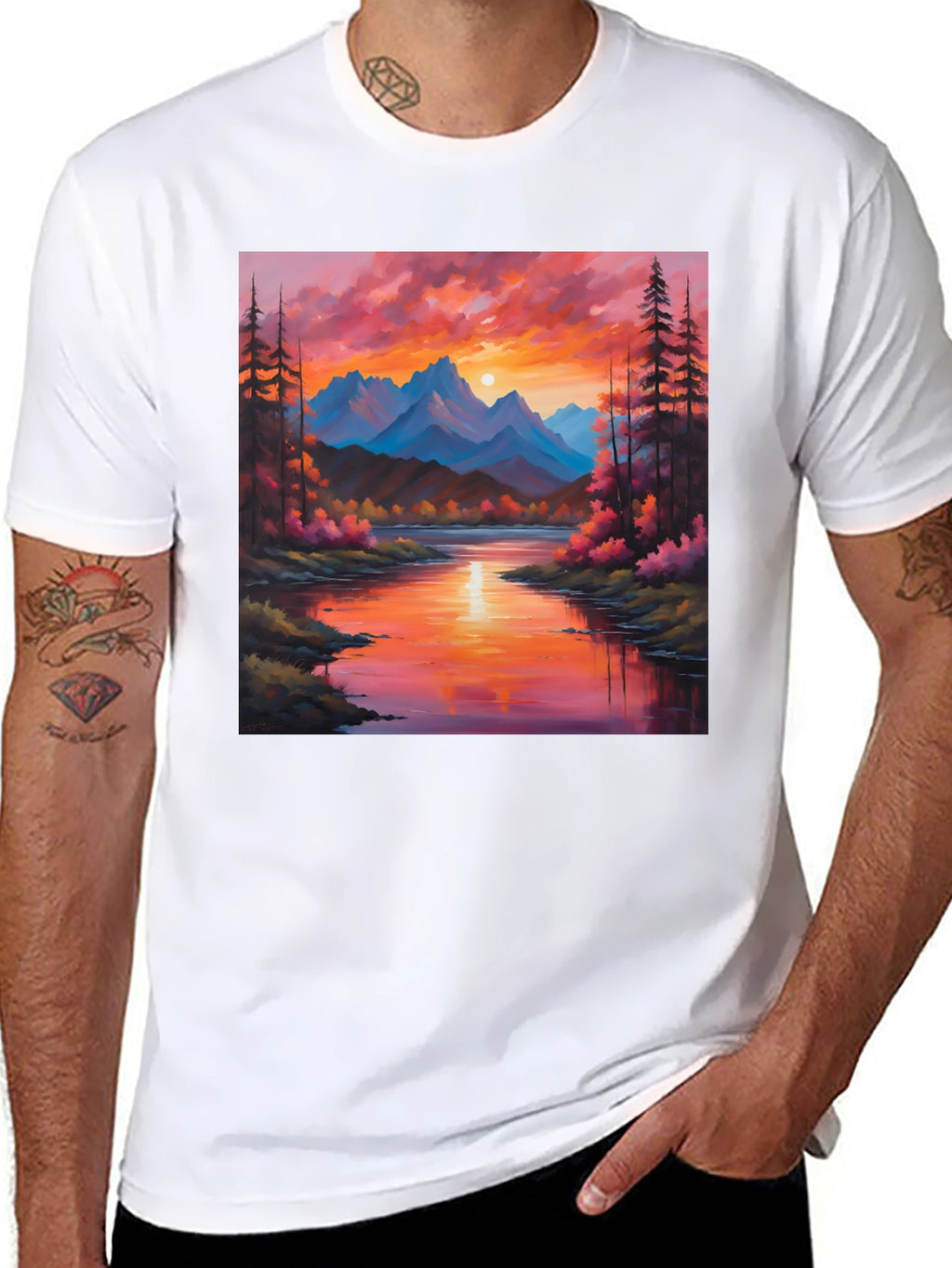Sunset Mountain River Painting Graphic Tee