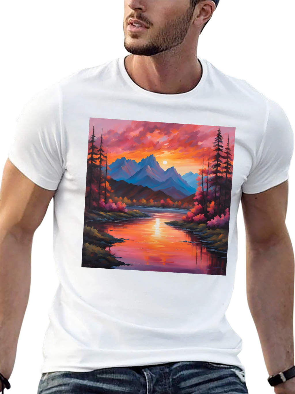Sunset Mountain River Painting Graphic Tee
