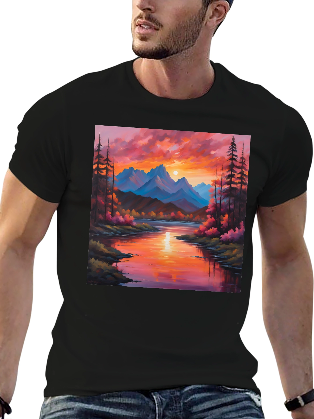 Sunset Mountain River Painting Graphic Tee