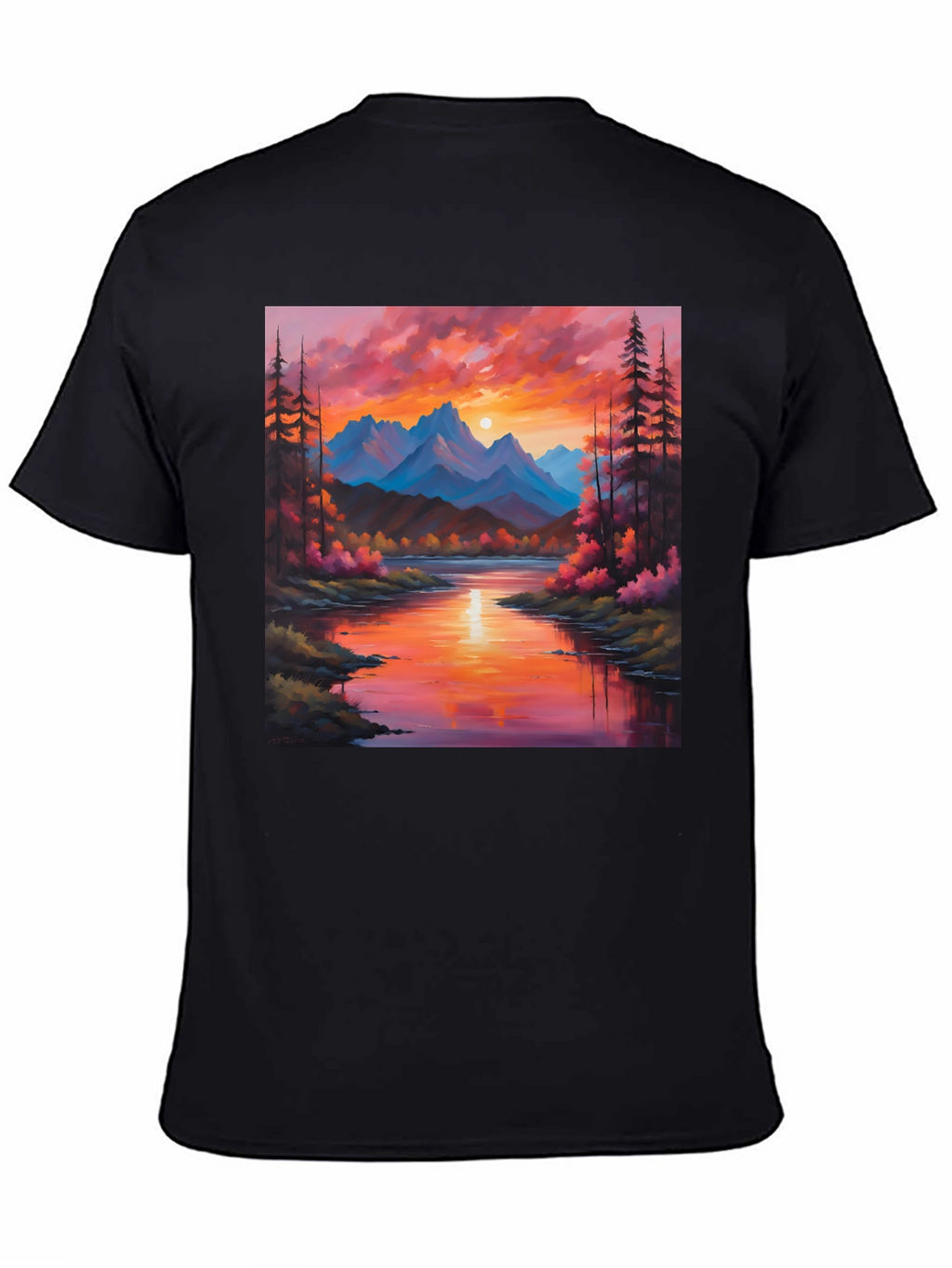 Sunset Mountain River Painting Graphic Tee