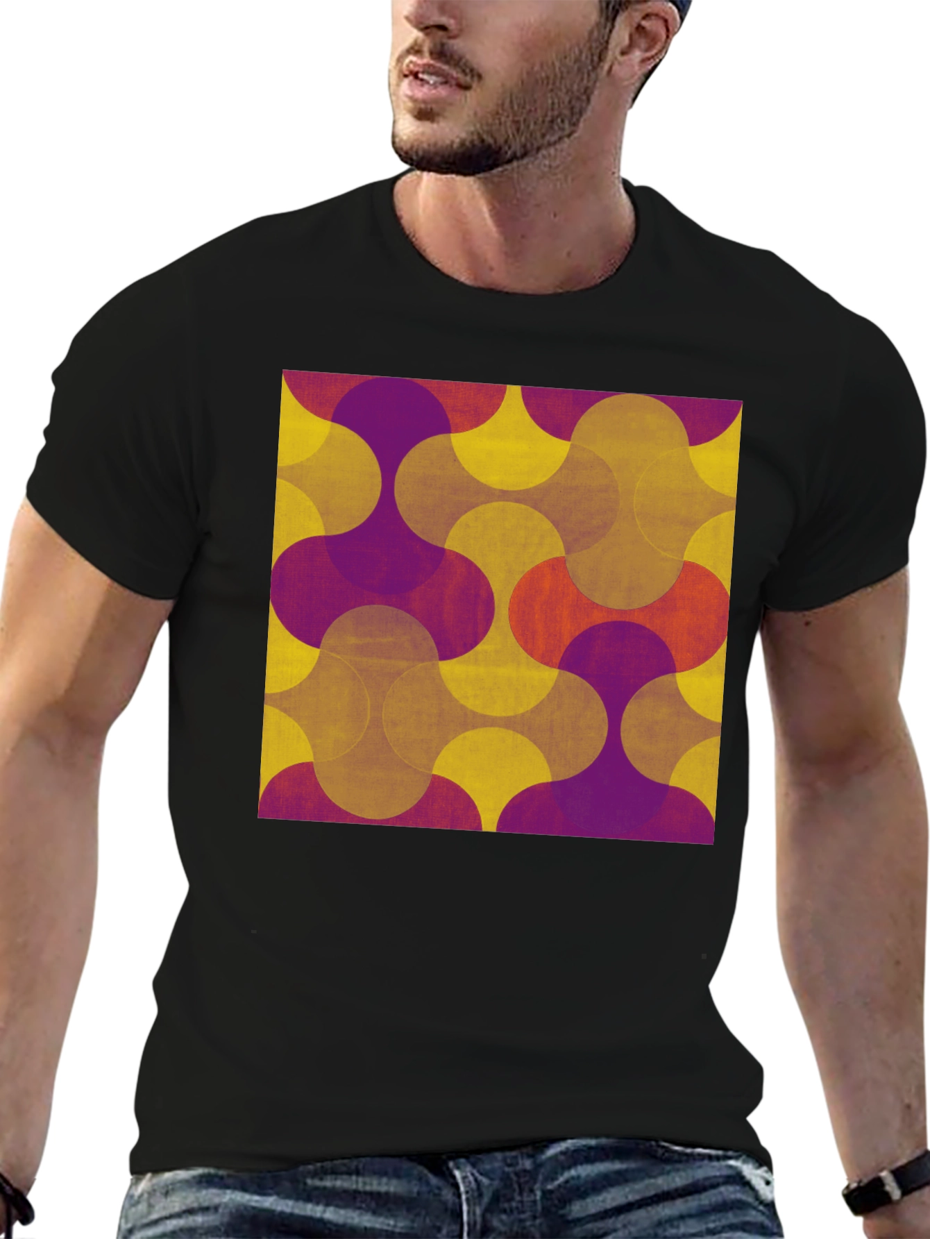 Retro Geometric Print Tee - Black