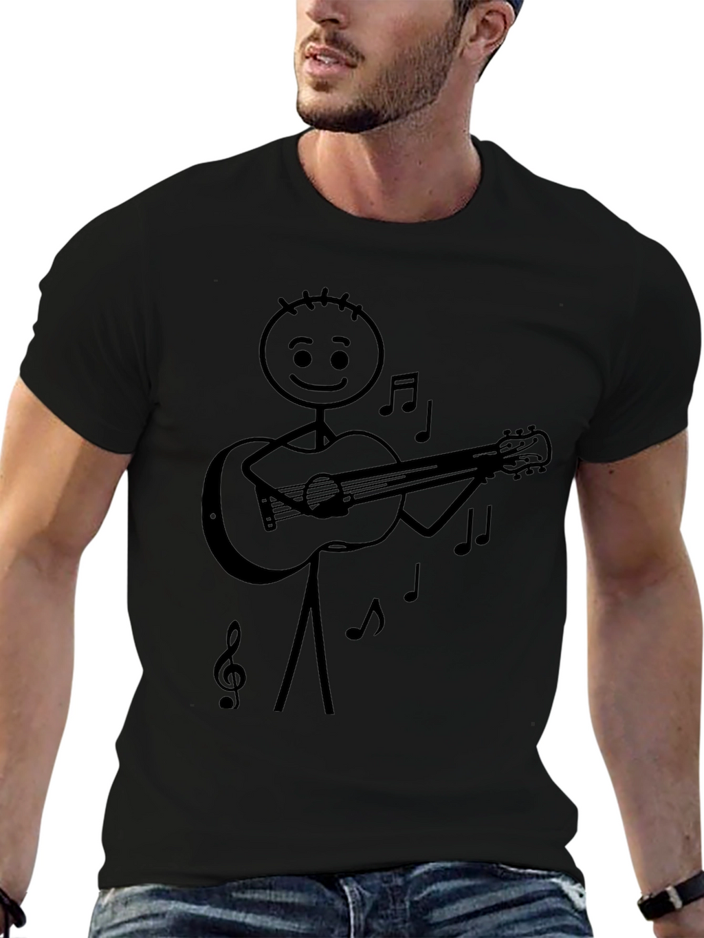 Stick Figure Guitarist Tee - Black Graphic T-Shirt