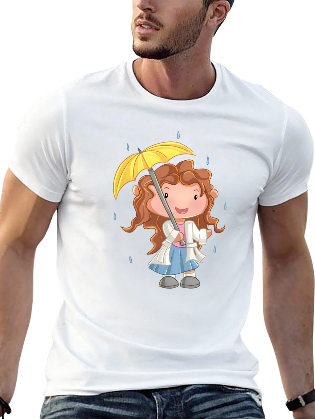 Cartoon Girl Umbrella Graphic Black T-Shirt
