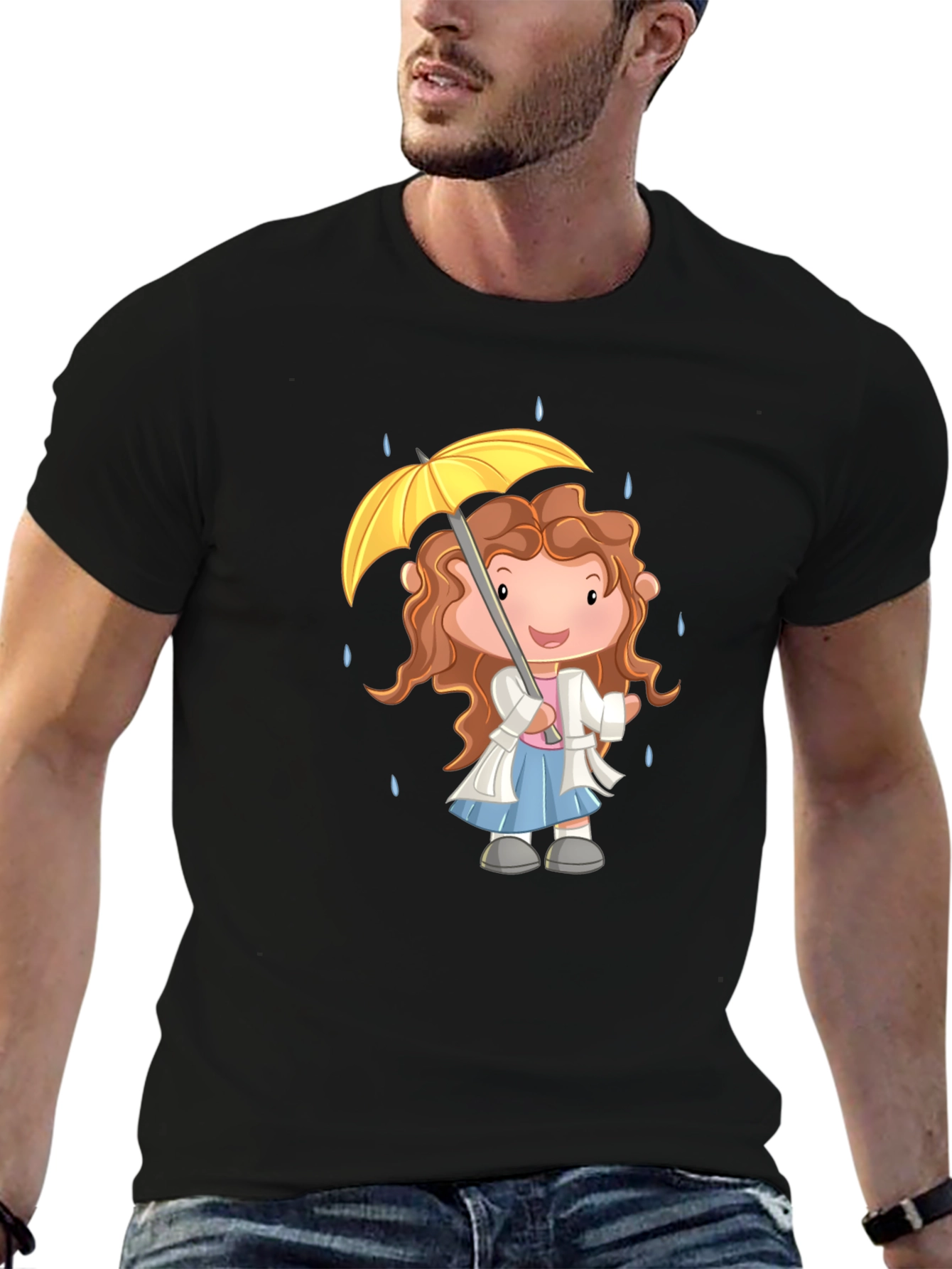 Cartoon Girl Umbrella Graphic Black T-Shirt
